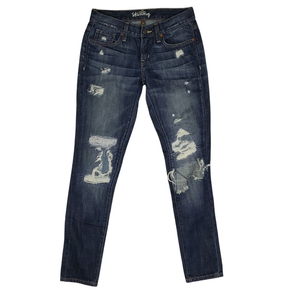 Fossil Skinny Jeans Womens Size‎ 25 Heavy Destroy Blue Distressed Denim USA Made